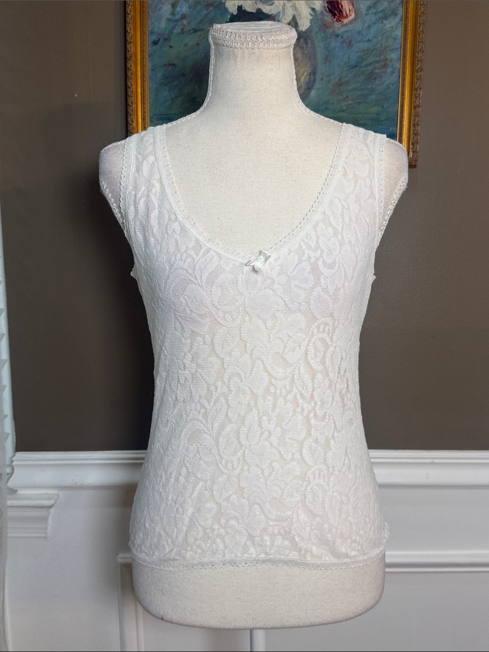 Vintage Bari White Floral Lace Camisole Tank Top L Coquette USA